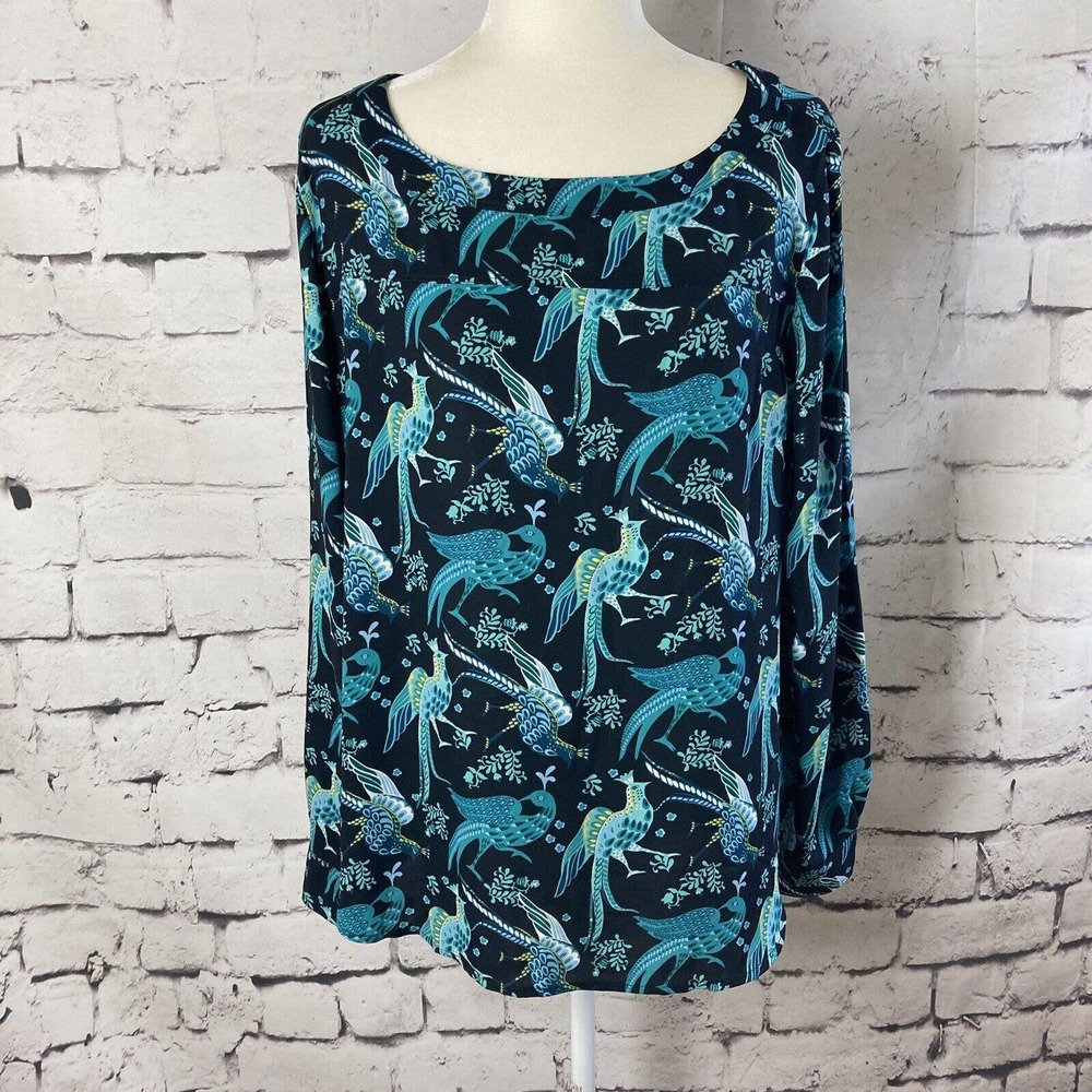 Ann Taylor LOFT Peacock Print Blouse Blue Roll Tab Sleeve Women’s Size Large